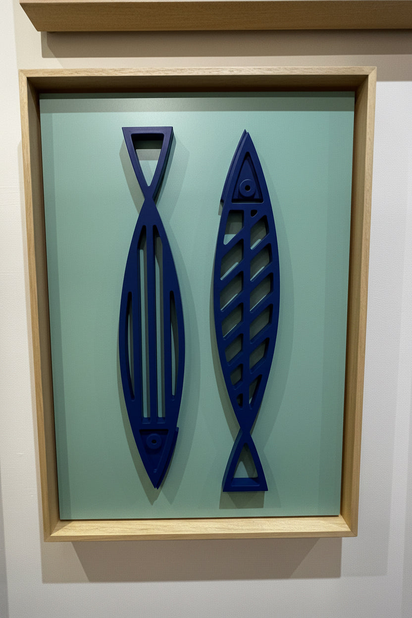 New! Fine Fish Blue on Seafoam | Wood Relief Art