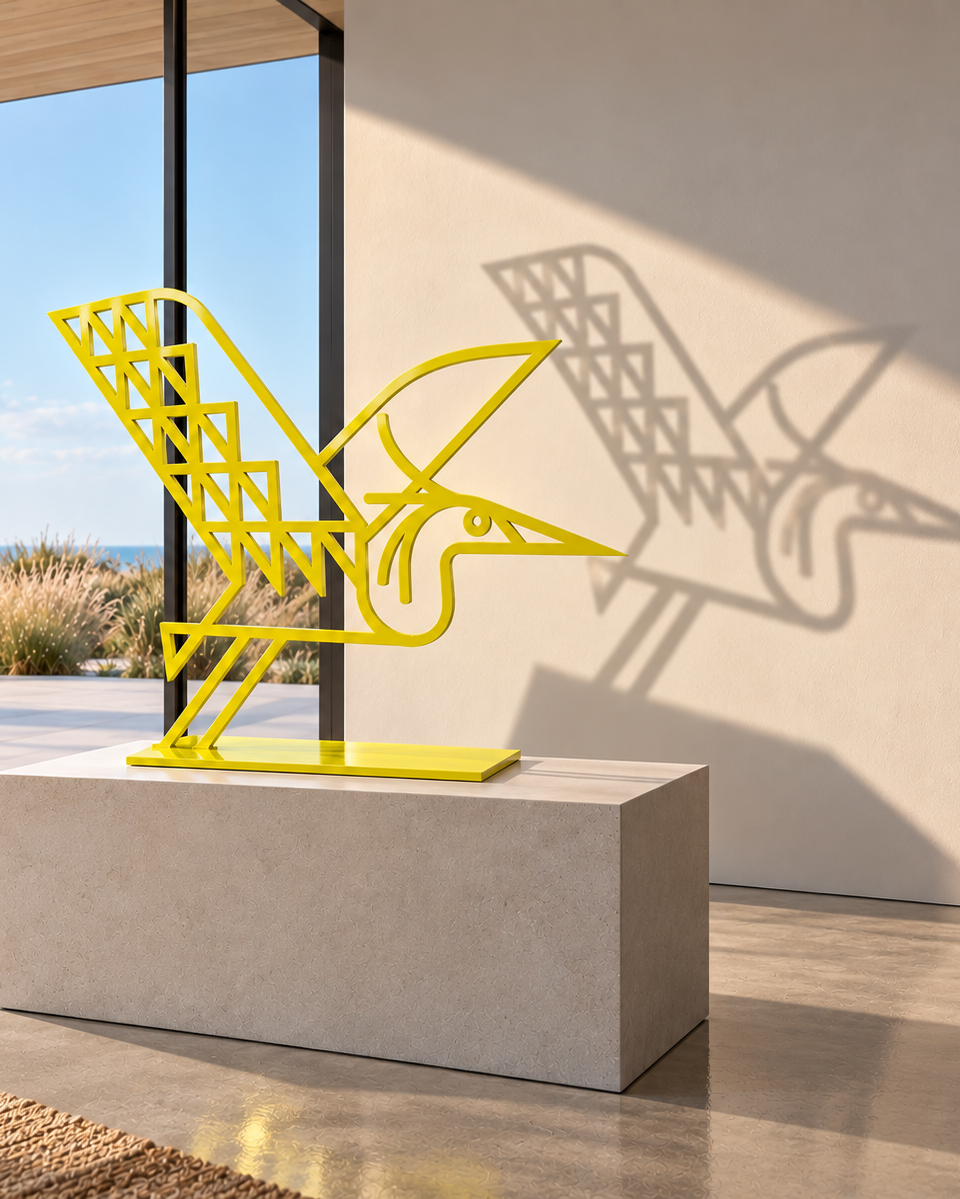 Limited Edition! Heron Takes Flight Sculpture in Neon Yellow | 90cm W x 75cm H Metalwork