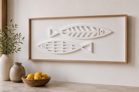 New! Fine Fish White Long | Wood Relief Art