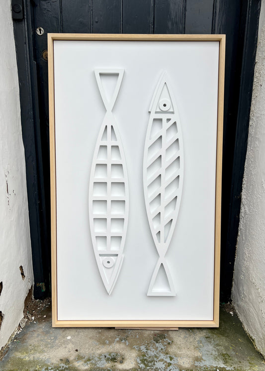 New! Fine Fish White | Wood Relief Art