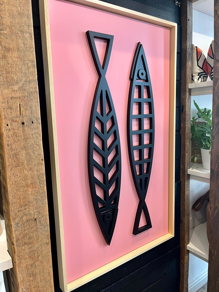 New! Fine Fish Pink | Large Wood Relief Art