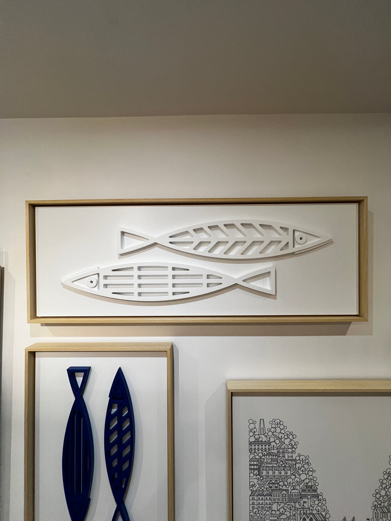 New! Fine Fish White Long | Wood Relief Art