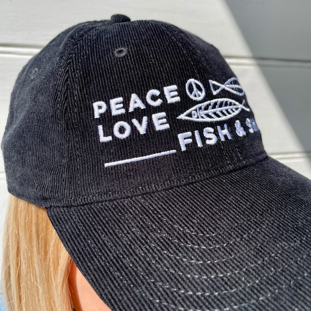 New! Peace, Love, Fish & Ships | Black Cord & White Embroidered Cap