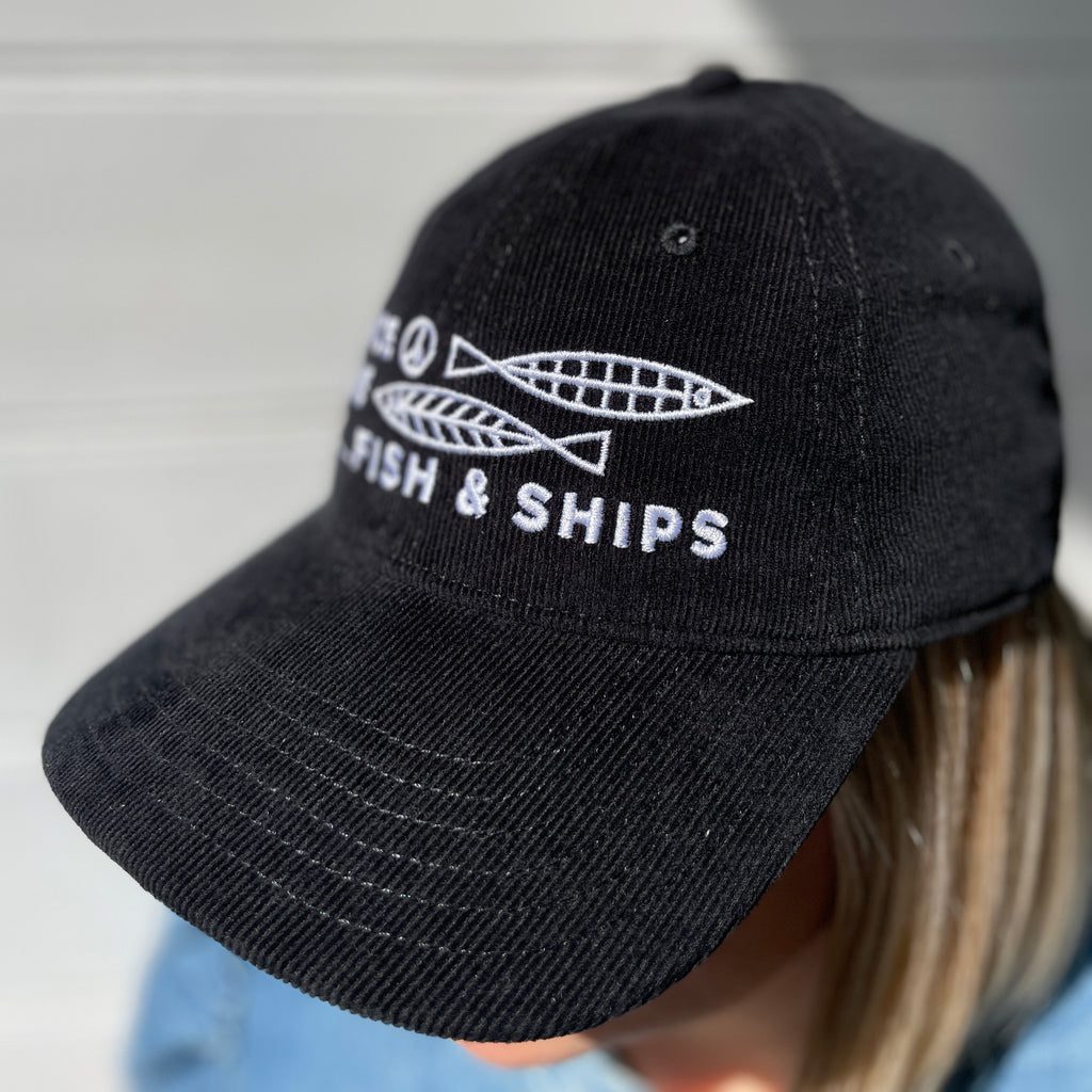 New! Peace, Love, Fish & Ships | Black Cord & White Embroidered Cap