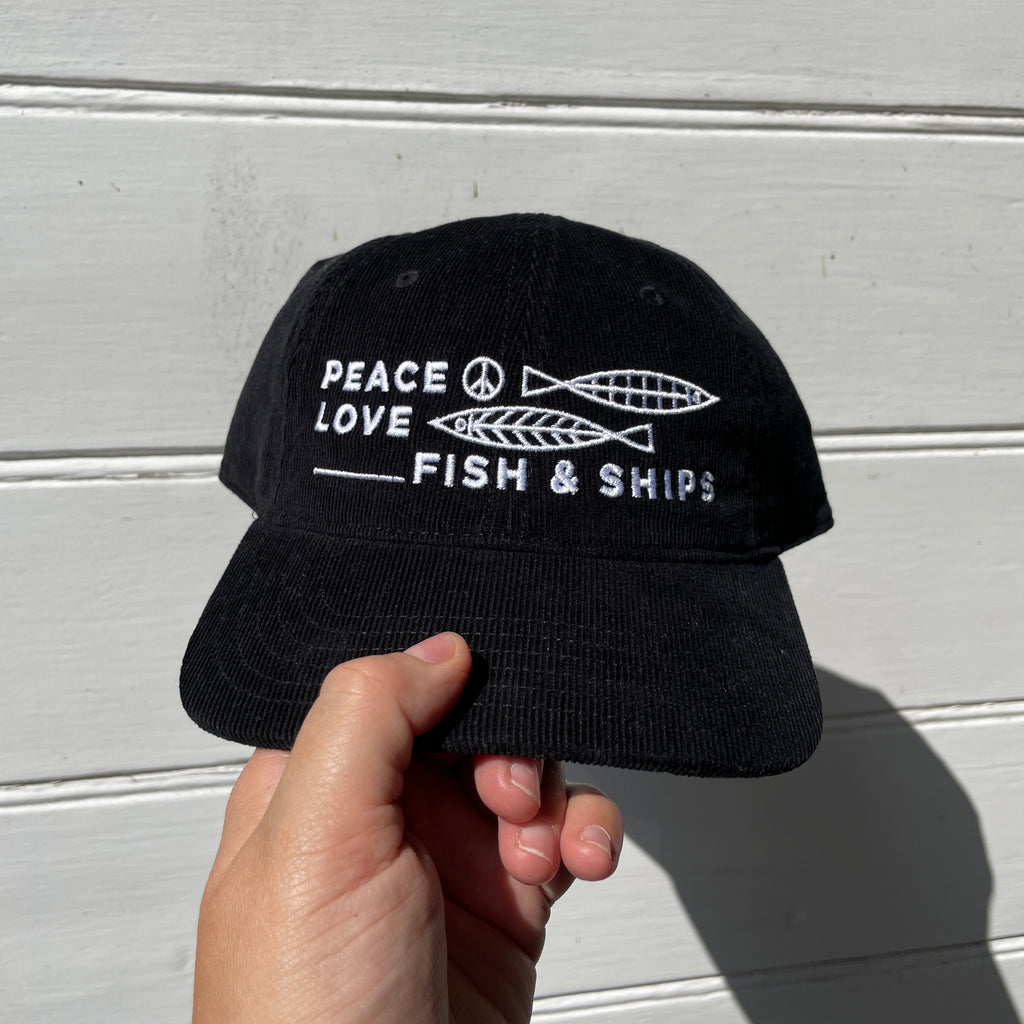 New! Peace, Love, Fish & Ships | Black Cord & White Embroidered Cap