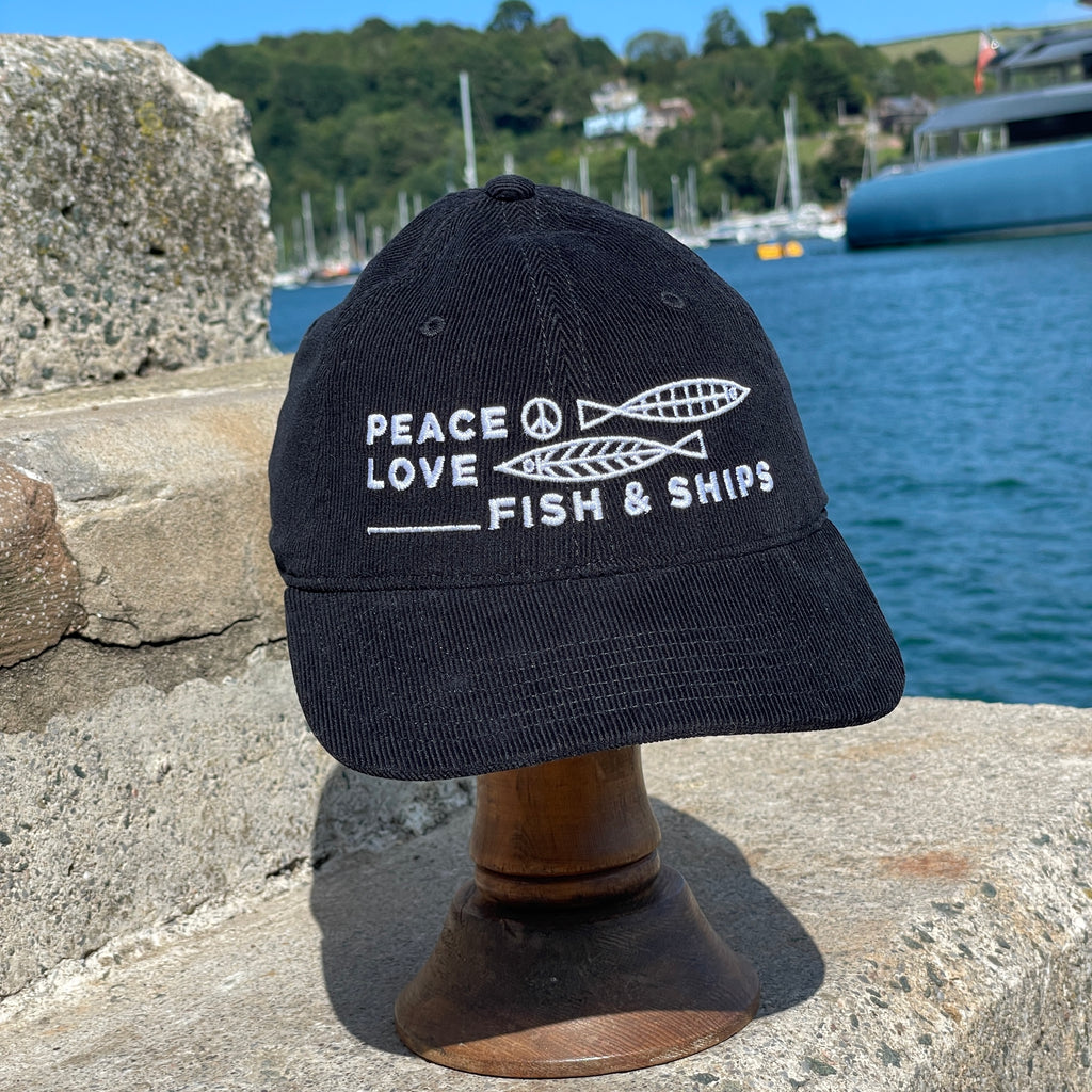 New! Peace, Love, Fish & Ships | Black Cord & White Embroidered Cap