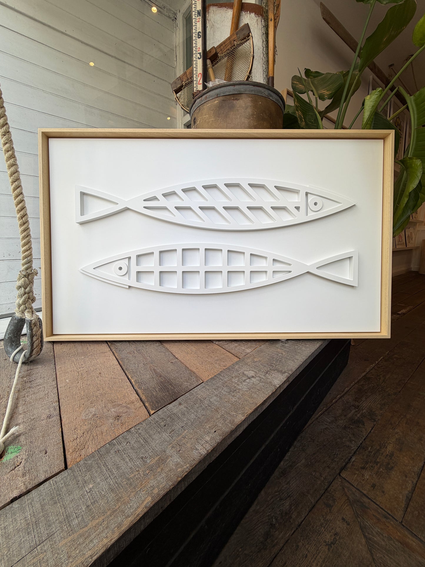 New! Fine Fish White | Wood Relief Art