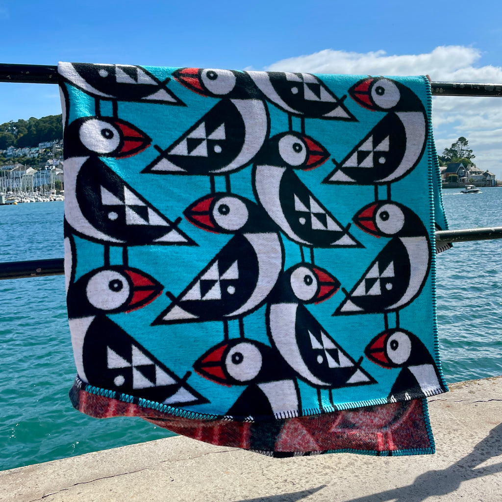 Petite Puffins Blue Recycled Cotton Blanket